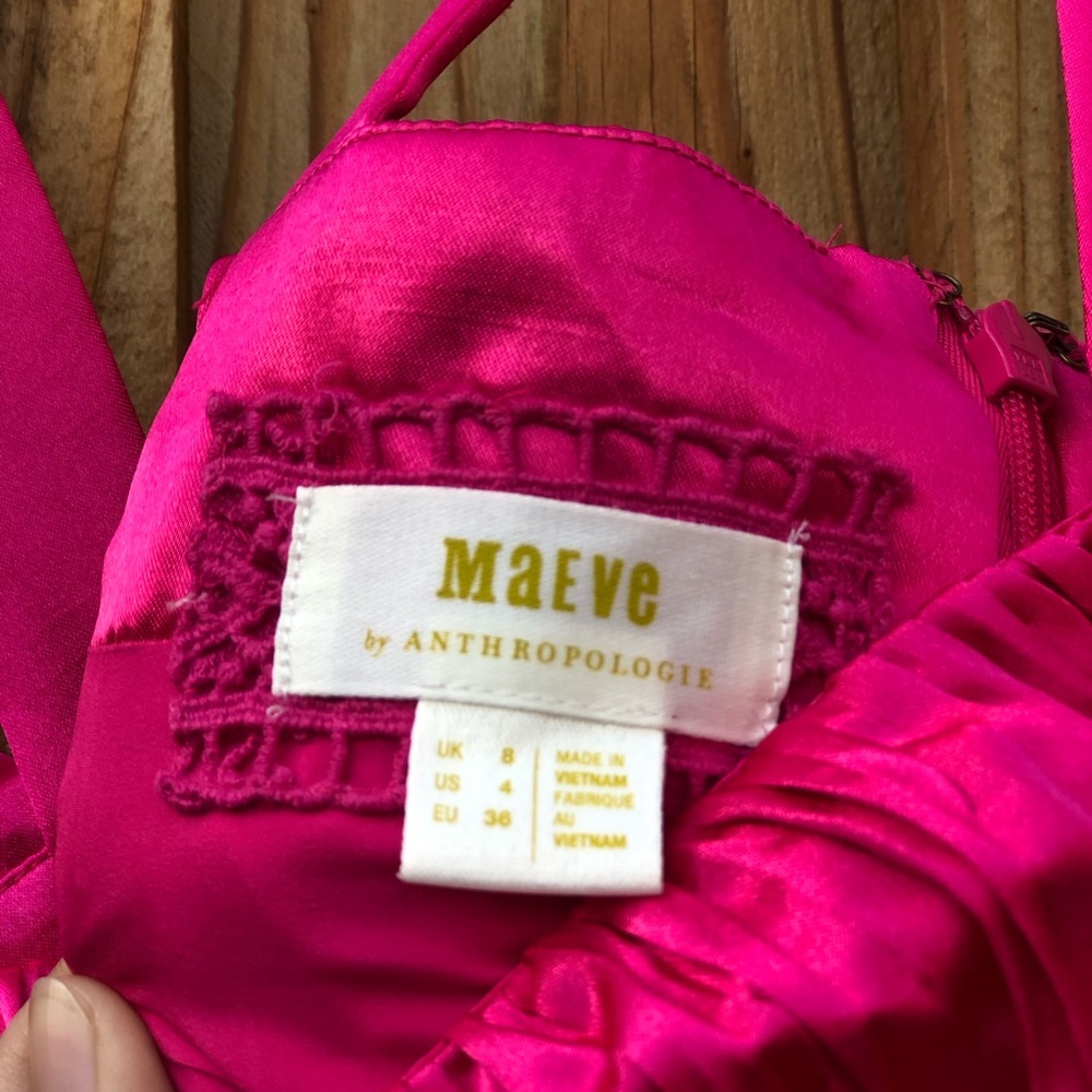 Anthropologie Maeve Fuchsia Bow-Tie Satin Pleated Smocked Back Mini Dress size 4 - Picture 5 of 10